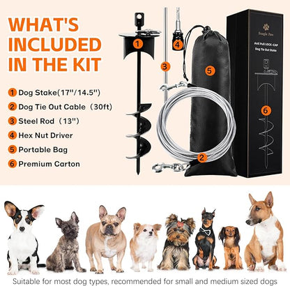 Snagle Paw Dog Tie Out Cable &amp; Stake with Lock Cap - 30ft Heavy Duty Rust Proof Cable, 360° Swivel Dog Yard Leash &amp; Stake Up to 220 lbs - Ground Anchor for Yard, Beach, Camping &amp; Outdoor Use