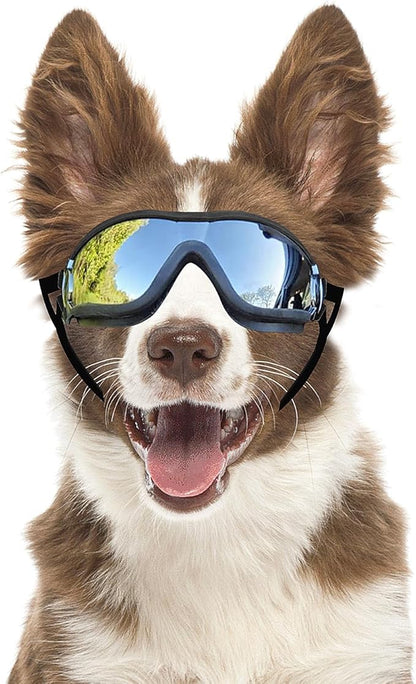 Dog Goggles Dog Sunglasses for Medium to Large Breed Anti-UV Eye Protection with Adjustable Straps- Silver