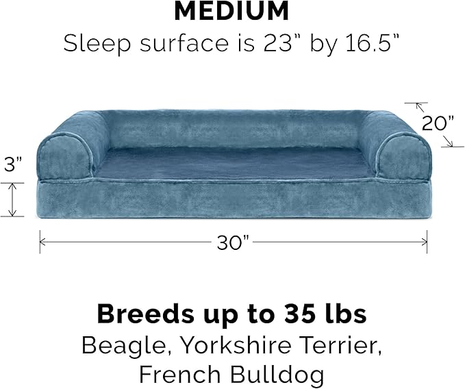 Furhaven Cooling Gel Dog Bed for Medium/Small Dogs w/ Removable Bolsters &amp; Washable Cover, For Dogs Up to 35 lbs - Faux Fur &amp; Velvet Sofa - Harbor Blue, Medium