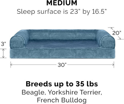 Furhaven Cooling Gel Dog Bed for Medium/Small Dogs w/ Removable Bolsters &amp; Washable Cover, For Dogs Up to 35 lbs - Faux Fur &amp; Velvet Sofa - Harbor Blue, Medium