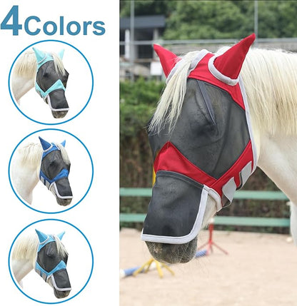Horse Fly Mask with Ears &amp; Long Nose Cover | Forelock Opening for Tangle-Free Mane Care | UV Protection &amp; Breathable Mesh | No Rub Fit and Enhanced Visbility for Trail Riding Red Full