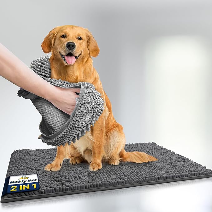 Muddy Mat® 2-in-1 Set: AS-SEEN-ON-TV Grey Microfiber Door Mat (30"X19") &amp; Doggy Dryer Plush Shammy Towel - Non-Slip, Washable &amp; Highly Absorbent Solutions for Soggy Paws &amp; Clean Floors