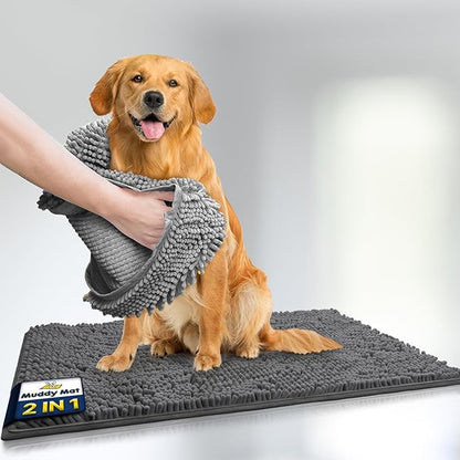 Muddy Mat® 2-in-1 Set: AS-SEEN-ON-TV Grey Microfiber Door Mat (30"X19") &amp; Doggy Dryer Plush Shammy Towel - Non-Slip, Washable &amp; Highly Absorbent Solutions for Soggy Paws &amp; Clean Floors