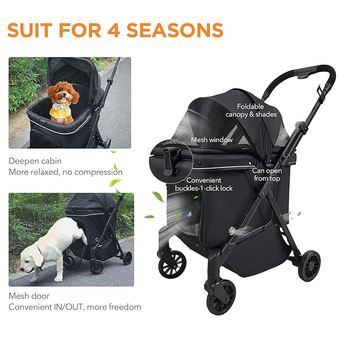 Pet Stroller for Small Dogs – No-Zip Deep Seat, Lightweight Compact Dog Stroller for Small Dogs &amp; Cats with Reflective Trim Storage Basket Soft Waterproof Pad,Foldable Universal Coche para Perro