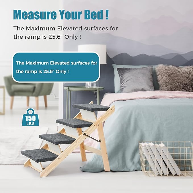 MEWANG Wood Pet Stairs &amp; Ramp for Small/Medium Dogs and Cats, Aging Pets – 3-in-1 Foldable, Portable, Non-Slip Pet Ladder for Tall Beds, Couches,Cars–Holds Up to 220 lbs (31.5" L x 17.2" W x 25.0" H)