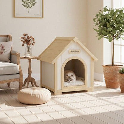 Indoor Dog House With Cushion Pet House For Small Dogs &amp; Cats - Creamy White / Light Yellow
