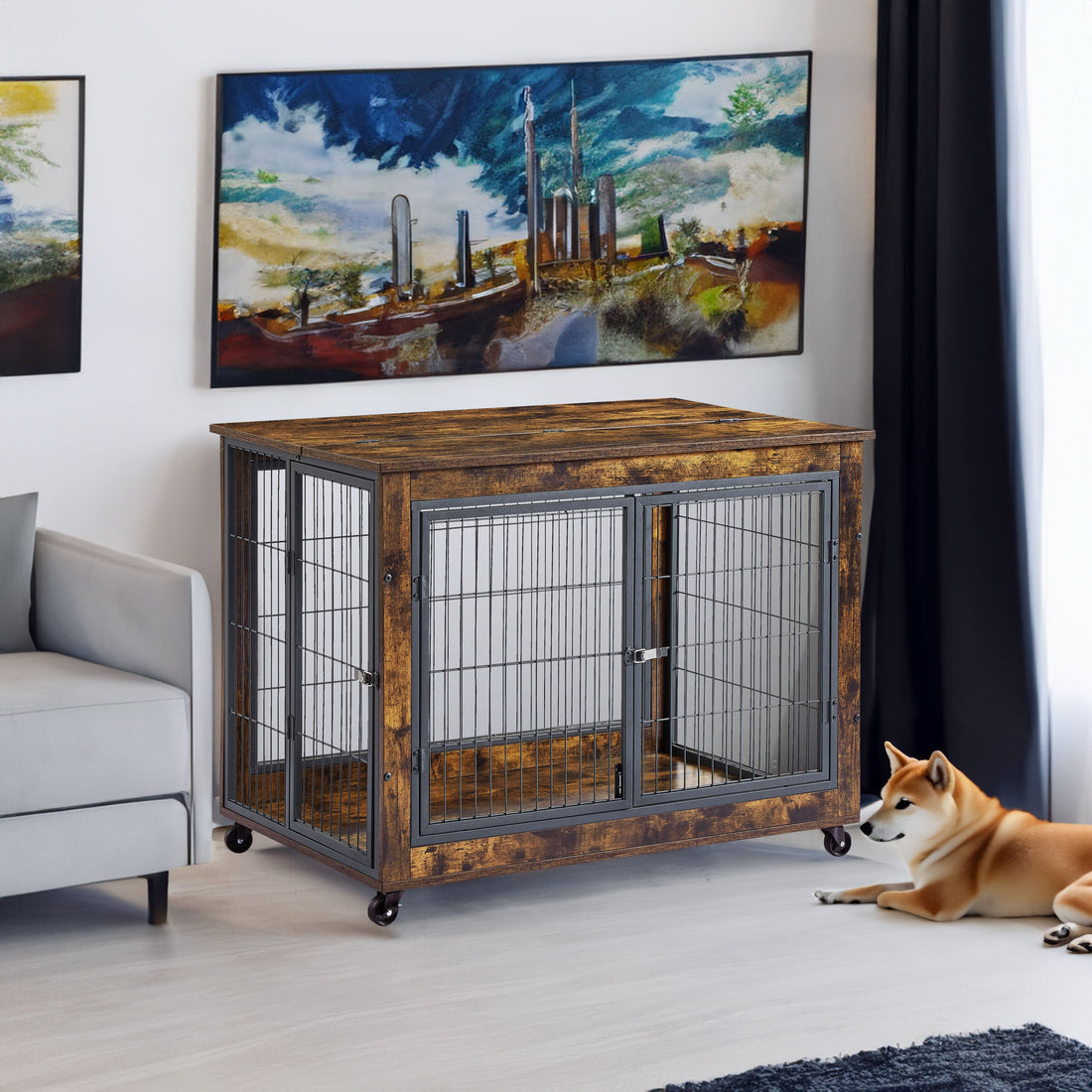 Furniture Dog Cage Crate with Double Doors, Rustic Brown, 38.58&