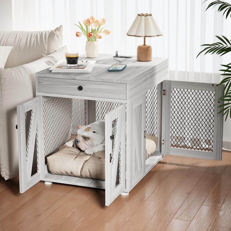 Dog Crate End Table Furniture with Drawer &amp; USB Charging | Wooden Dog Kennel for Medium Dogs