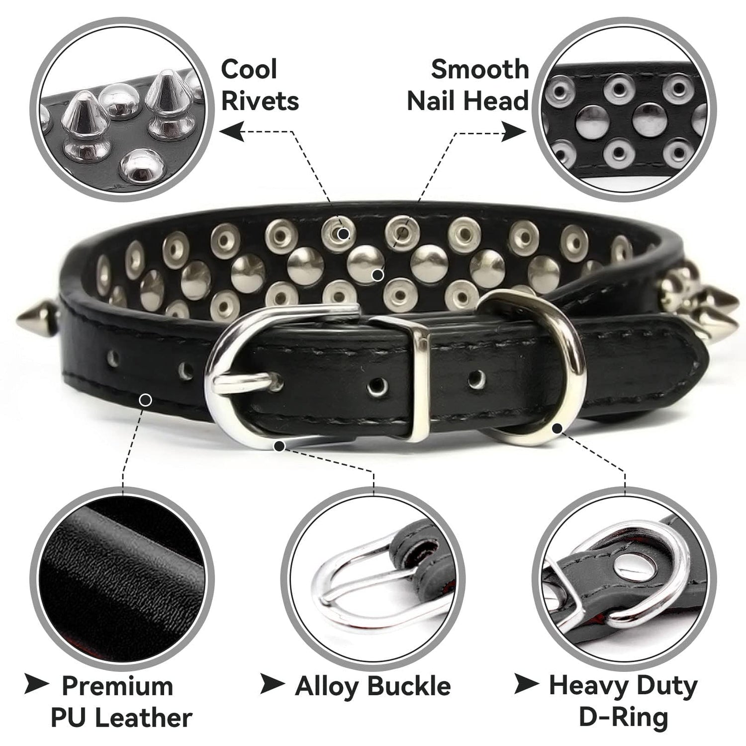 Small Spiked Black Dog Cat Collar For Small Medium Dogs Boy Male - Adjustable Studded Puppy Collars - Soft Padded Punk Leather Dog Collar For Chihuahua French Bulldog Pug
