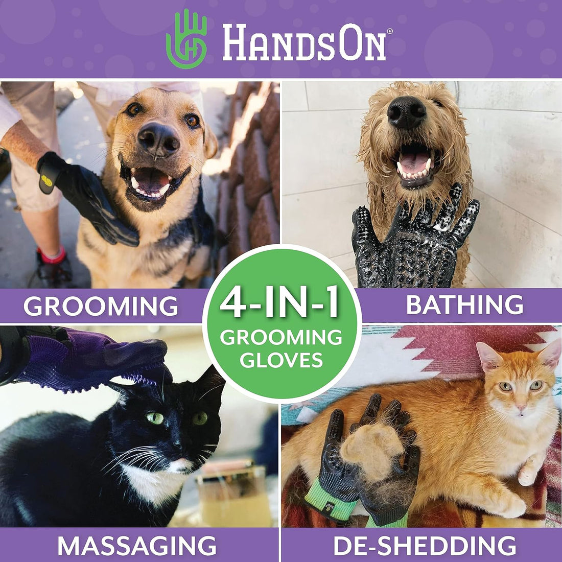 HandsOn Pet Grooming Gloves Gentle Brush for Cats Dogs Horses Black Small Size
