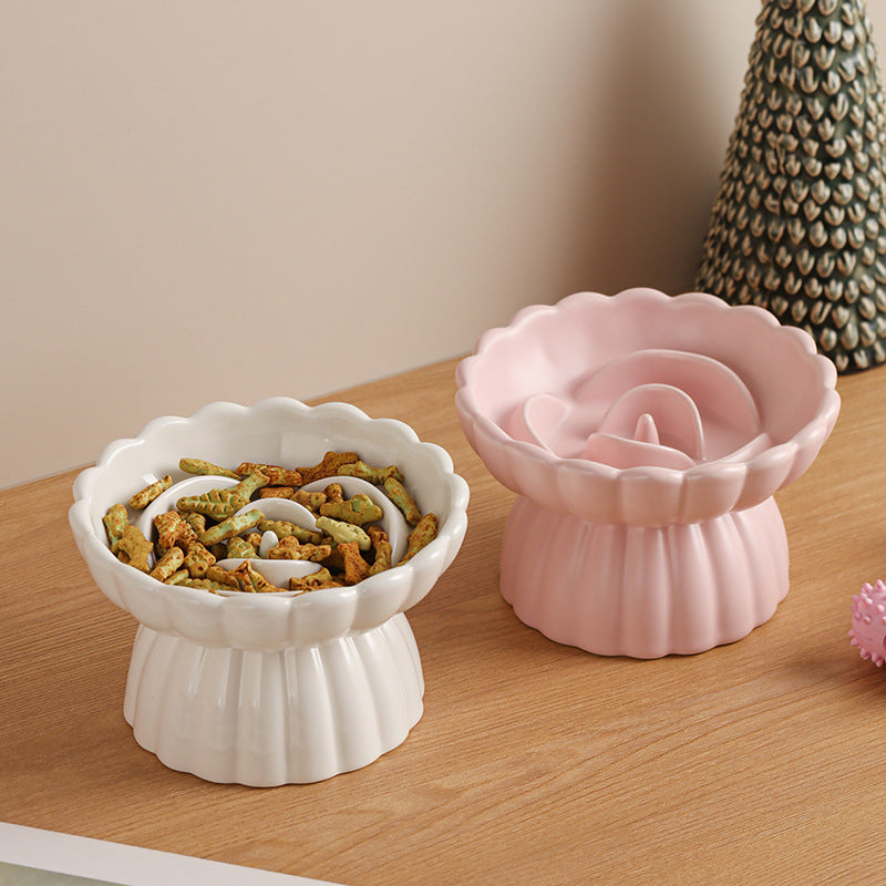 Elevated Ceramic Slow Feed Dish For Cats And Small Dogs, Flower Pool Design Pet Slow Feeder With Higher Edges,Raised Pet Bowl For Dry &amp; Wet Food