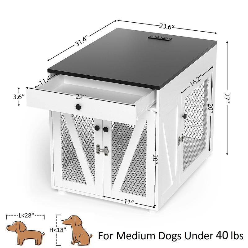 Dog Crate End Table Furniture with Drawer &amp; USB Charging | Wooden Dog Kennel for Medium Dogs