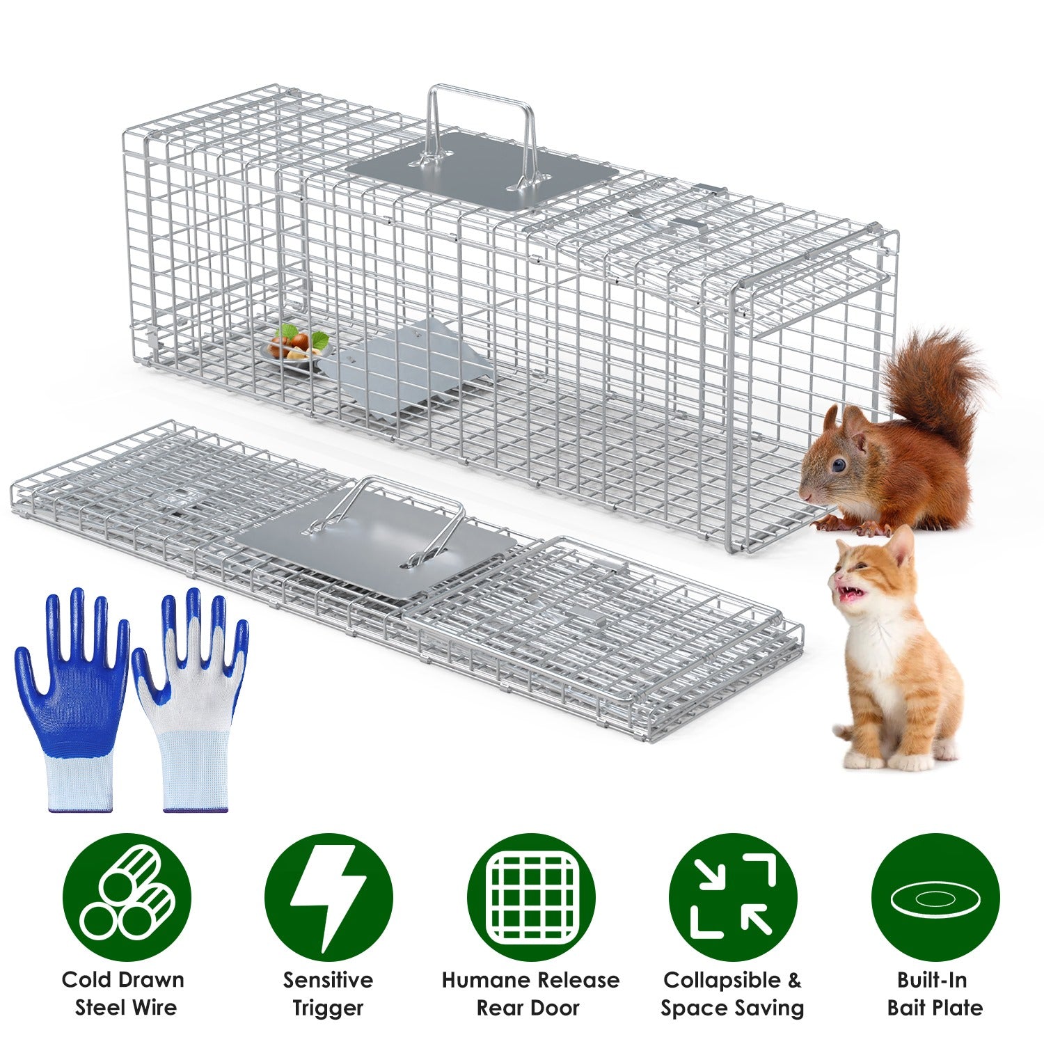 Live Animal Trap Cage 27x7.5x8in Folding Catch and Release Steel Humane Cat Trap for Racoons Stray Cats Rabbits Beavers Hedgehogs Chipmunk Small Anima