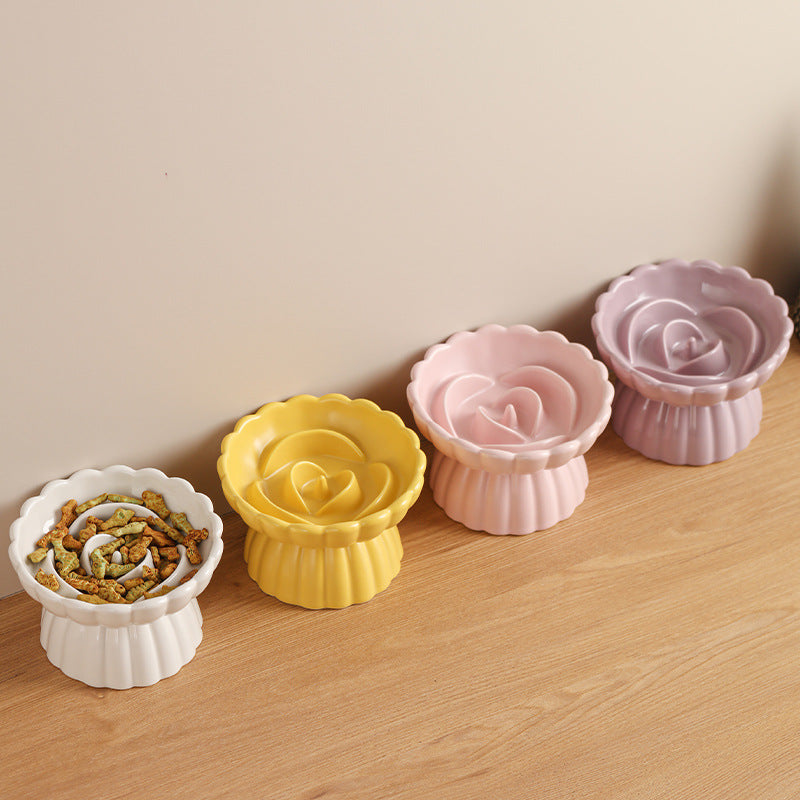 Elevated Ceramic Slow Feed Dish For Cats And Small Dogs, Flower Pool Design Pet Slow Feeder With Higher Edges,Raised Pet Bowl For Dry &amp; Wet Food