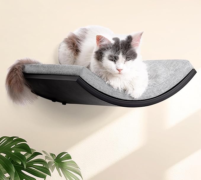 Curved Cat Wall Hammock Bed with Grey Foam Cushion – Floating Cat Wall Shelf Nest for Climbing, Sleeping &amp; Lounging