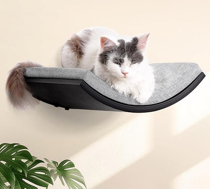 Curved Cat Wall Hammock Bed with Grey Foam Cushion – Floating Cat Wall Shelf Nest for Climbing, Sleeping &amp; Lounging