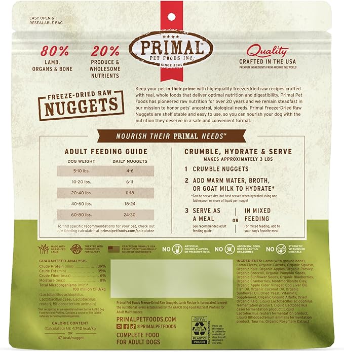 Primal Freeze Dried Raw Dog Food Nuggets, Lamb, Complete &amp; Balanced Meal, Also Use as Topper or Treat, Premium, Healthy, Grain Free, High Protein Raw Dog Food, 14 oz (Pack of 2)