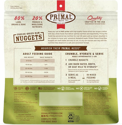 Primal Freeze Dried Raw Dog Food Nuggets, Lamb, Complete &amp; Balanced Meal, Also Use as Topper or Treat, Premium, Healthy, Grain Free, High Protein Raw Dog Food, 14 oz