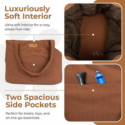 Corduroy Dog Carrier - Lightweight Cotton Soft-Sided Pet Tote with Safety Harness Clip - Breathable Travel Carrier for Small Dogs and Puppies (Brown)