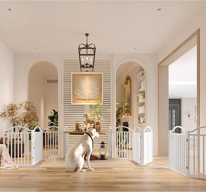 BHG Metal No-Assembly Freestanding Dog Gate with Door Walk Through, Extra Wide 144", Extra Tall 32" Pet Gate, Accordion Puppy Folding Playpen Dog Fence for Indoor &amp; Outdoor, with 2PCS Support - White