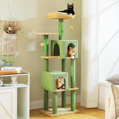 Cactus Cat Tree, 62-Inch Large Cat Tower for Multi-Cat Households w/Scratching Posts, Multi-Level Condo w/Cozy Top Perch &amp; Scratching Pad, Padded Platform, 2 Pompoms, Green