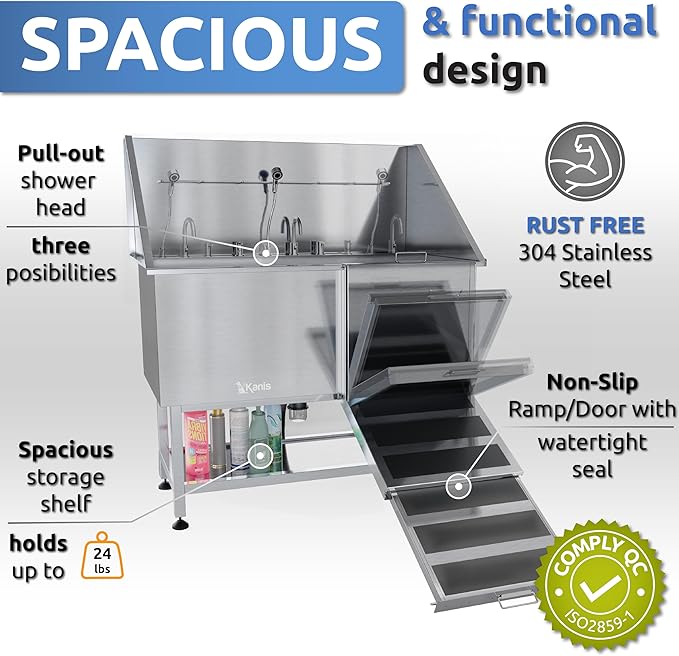 KANIS Professional Dog Washing Station - 304 Stainless Steel Pet Wash Sink &amp; Grooming Bath Tub for Home with Ramp, Shower, Floor Grate, Storage Shelf, Faucet, Drain Kit for Large, Medium &amp; Small Pets