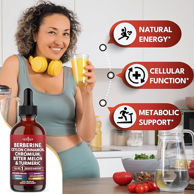 Berberine with Ceylon Cinnamon Supplement Liquid Drops + Bitter Melon Extract, Glucomannan, Gymnema, Chromium, Turmeric, Panax Ginseng, Moringa- 4 OZ