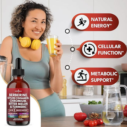 Berberine with Ceylon Cinnamon Supplement Liquid Drops + Bitter Melon Extract, Glucomannan, Gymnema, Chromium, Turmeric, Panax Ginseng, Moringa- 4 OZ