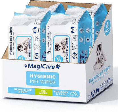 MAGICARE Pet Wipes – 400 pcs Dog Wipes – 8x8 Inch Unscented Dog Paw Cleaner Wipes for Body, Ears, Face, and Skin – Ultra Thick &amp; Soft with Hypoallergenic Formula – Ideal Pet Wipes for Dogs &amp; Cats