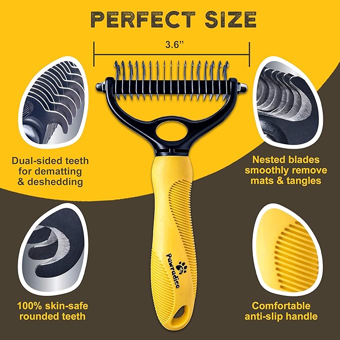 Deshedding Dog Brush - Double-Sided Pet Hair Remover for Cats &amp; Dogs - Yellow Undercoat Grooming Rake for Shedding and Dematting