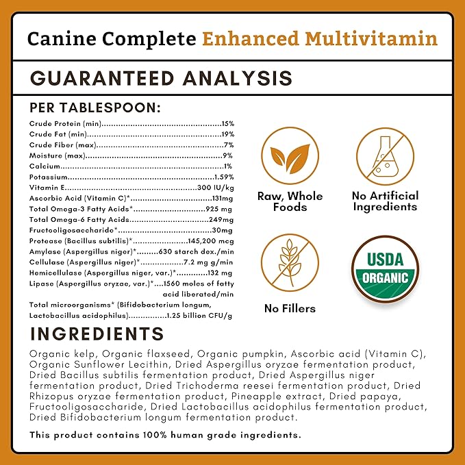 Wholistic Pet Organics Canine Complete - Dog Multivitamin Powder - 8 Oz - Daily Dog Vitamins and Supplements for Homemade Food - Immune System, Skin, Coat &amp; Overall Health - Small and Large Breed