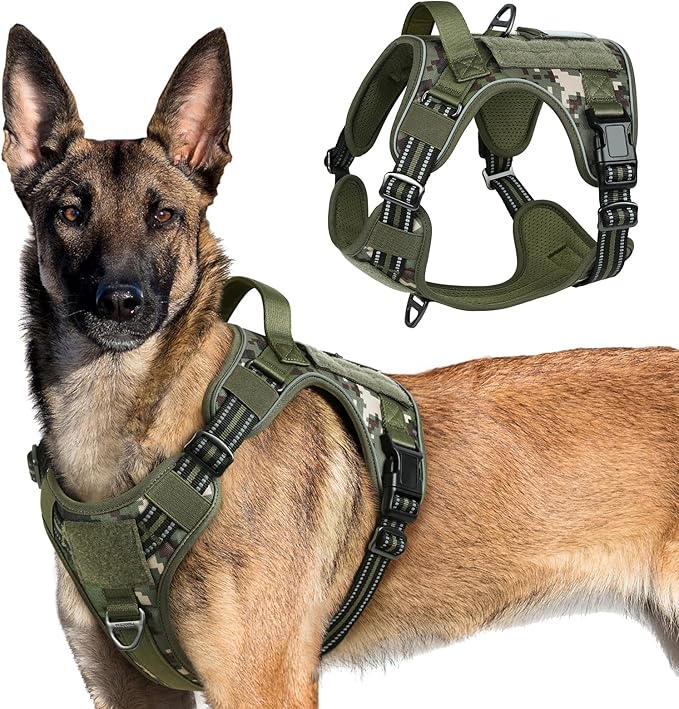 rabbitgoo Tactical Dog Harness for Large Dogs, No Pull Military Service Vest with Handle &amp; Molle, Easy Control for Training Walking, Adjustable Reflective Straps, Green camo, XL