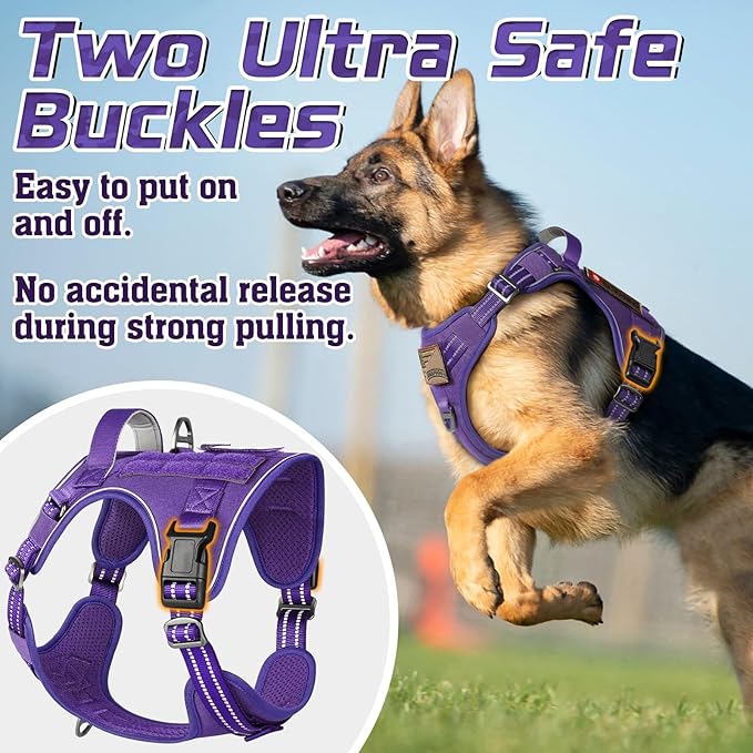 rabbitgoo Tactical Dog Harness for Large Dogs, No Pull Military Service Vest with Handle &amp; Molle, Easy Control for Training Walking, Adjustable Reflective Straps, Purple, L