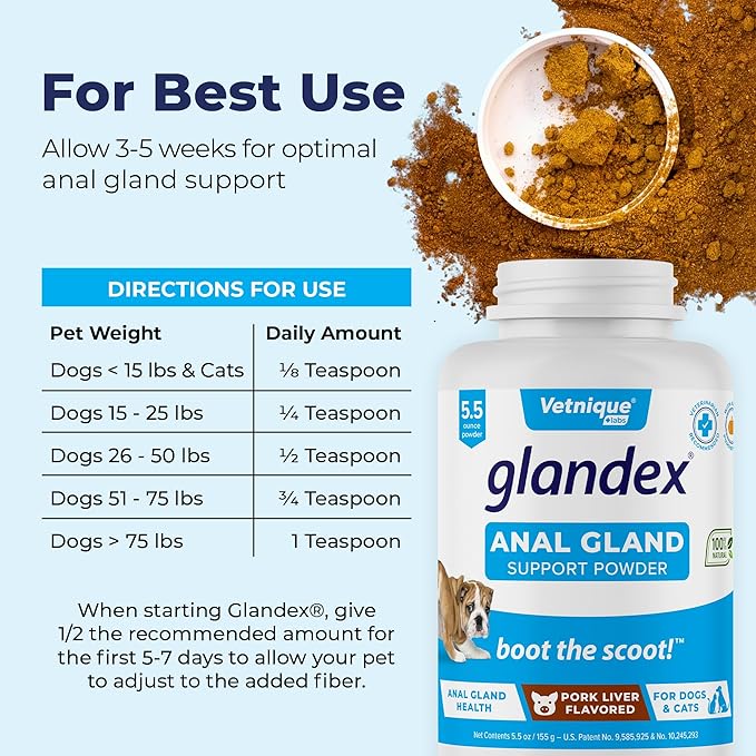 Vetnique Labs Glandex Dog Fiber Supplement Powder for Anal Glands with Pumpkin, Digestive Enzymes &amp; Dog Probiotics for Digestive Health - Vet Recommended - Boot The Scoot (Pork Liver, 5.5oz Powder)