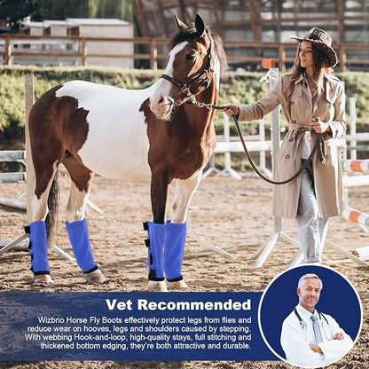 Premium 4-Pack Horse Fly Boots &amp; Leggings Loose-Fit Fine Mesh with Stay-On Fasteners, Support Strips &amp; Anti-Stomp Design Breathable Non-Slip Protection Leg Wrap (Large) Royal Blue