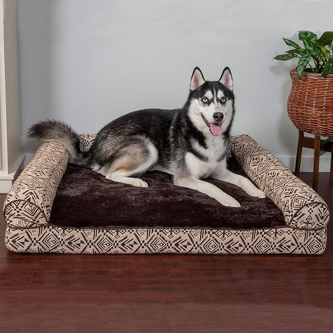 Furhaven Orthopedic Dog Bed for Large Dogs w/ Removable Bolsters &amp; Washable Cover, For Dogs Up to 95 lbs - Plush &amp; Southwest Kilim Woven Decor Sofa - Desert Brown, Jumbo/XL