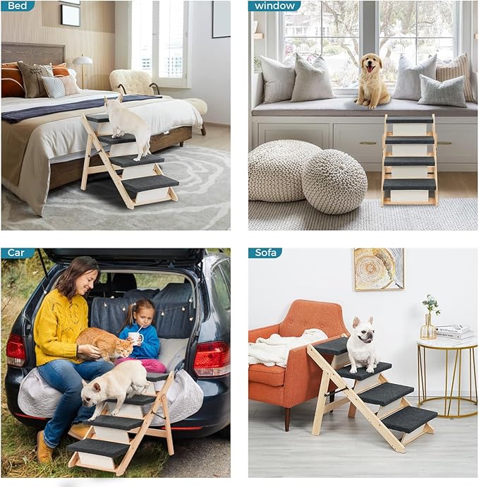 MEWANG Wood Pet Stairs &amp; Ramp for Small/Medium Dogs and Cats, Aging Pets – 3-in-1 Foldable, Portable, Non-Slip Pet Ladder for Tall Beds, Couches,Cars–Holds Up to 220 lbs (31.5" L x 17.2" W x 25.0" H)