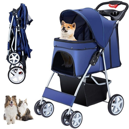 4 Wheels Pet Stroller for Small Medium Dogs Cats 10-33 lbs, Foldable Dog and Cat Stroller with Cup Holder &amp; Storage Basket &amp; Breathable Mesh, Pet Strolling Cart for All-Season, Navy Blue