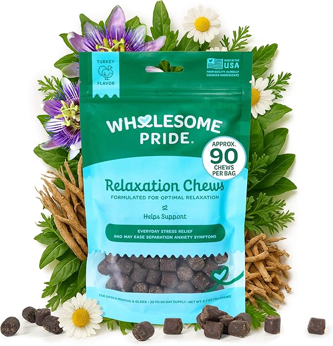 Wholesome Pride Calming Supplement for Dogs - 90 Soft Chews - Natural Anxiety Relief, Separation &amp; Noise Stress Support with Herbal Ingredients, No Melatonin, Non-Drowsy