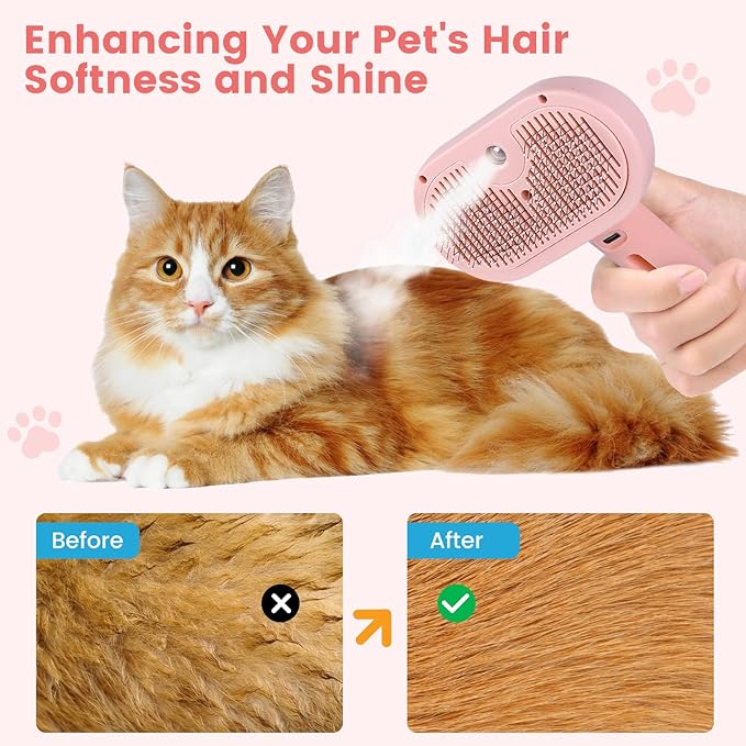 Steam Brush for Shedding Pets - Self-Cleaning Grooming Comb with Water Tank for Long &amp; Short Haired Cats and Dogs (Pink)