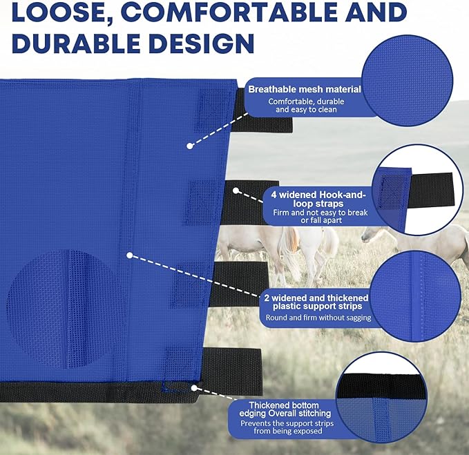 Premium 4-Pack Horse Fly Boots &amp; Leggings Loose-Fit Fine Mesh with Stay-On Fasteners, Support Strips &amp; Anti-Stomp Design Breathable Non-Slip Protection Leg Wrap (Large) Royal Blue
