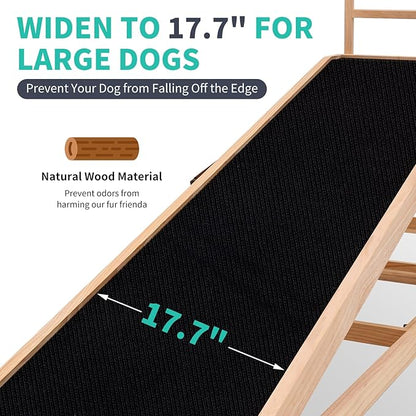 Dog Ramp, 5 Level Adjustable Height Folding Pet Ramp for High Bed, Portable Paw Ramps Large Bed Ramp for Medium &amp; Large Old Dogs &amp; Cats - Natural Wood Furniture Quality