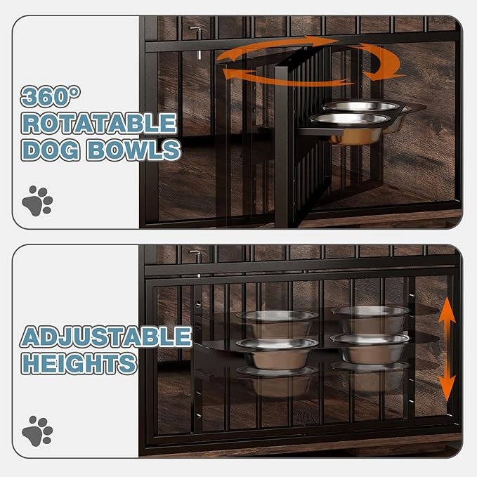86.6Inch Large Double Dog Crate Furniture,Heavy Duty Metal Frame Dog Crate Kennel with Adjustable Feeder Bowls and Removable Divider&amp;Drawers,Chew-Resistant Dog Kennel for 2 Dogs Indoor
