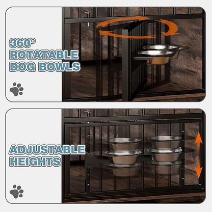 86.6Inch Large Double Dog Crate Furniture,Heavy Duty Metal Frame Dog Crate Kennel with Adjustable Feeder Bowls and Removable Divider&amp;Drawers,Chew-Resistant Dog Kennel for 2 Dogs Indoor
