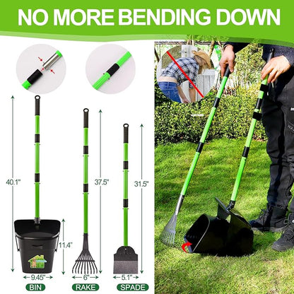 LANNEY Pooper Scooper - 38" Long Adjustable Metal Handle Dog Pooper Scooper Swivel Bin &amp; Rake &amp; Spade with 50 Bags Attachment, Portable Heavy Duty Dog Poop Scooper for Yard Dogs Large Medium Small
