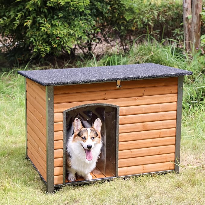 Aivituvin Dog House Outdoor &amp; Indoor Wooden Dog Kennel for Winter with Raised Feet Weatherproof for Small &amp; Medium &amp; Large Dogs,Unique All-Around Iron Frame…