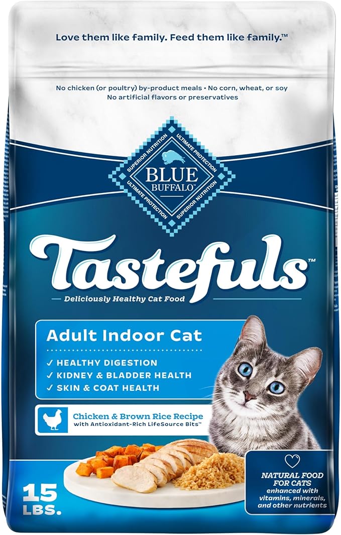 Blue Buffalo Tastefuls Natural Dry Food for Adult Indoor Cats, Chicken &amp; Brown Rice Recipe, 15-lb. Bag