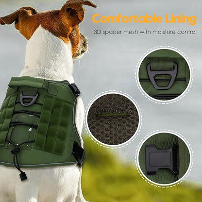 Heavy-Duty Tactical Dog Harness for Large Dogs, No Pull Adjustable Reflective Pet Vest with Molle System, K9 Military-Grade Control for Service Training, Outdoor &amp; 10+ Breeds, Green, XX-Large