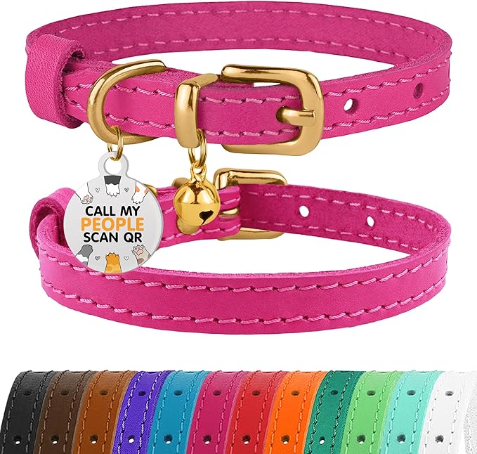 BRONZEDOG Leather Cat Collar with Removable Bells Non Breakaway Kitten QR Tag for Girl Boy (9" - 12" Cats/Mini Dogs, Pink &amp; Gold)