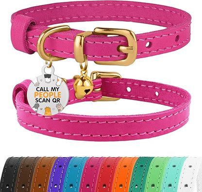 BRONZEDOG Leather Cat Collar with Removable Bells Non Breakaway Kitten QR Tag for Girl Boy (9" - 12" Cats/Mini Dogs, Pink &amp; Gold)